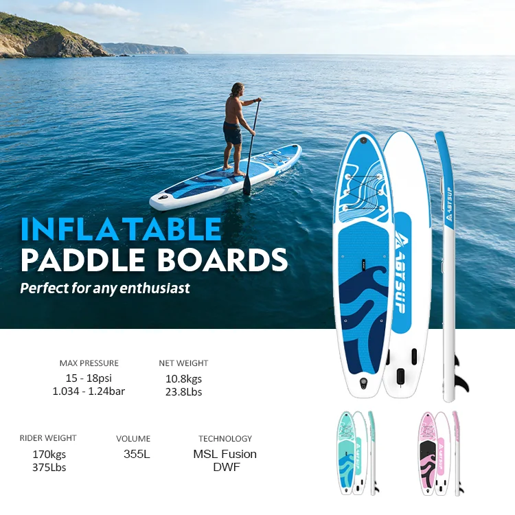 O persoană care folosește o placă de paddle gonflabilă albastră și albă pe ape calme, cu afișate alte modele de plăci de paddle și specificații detaliate.
