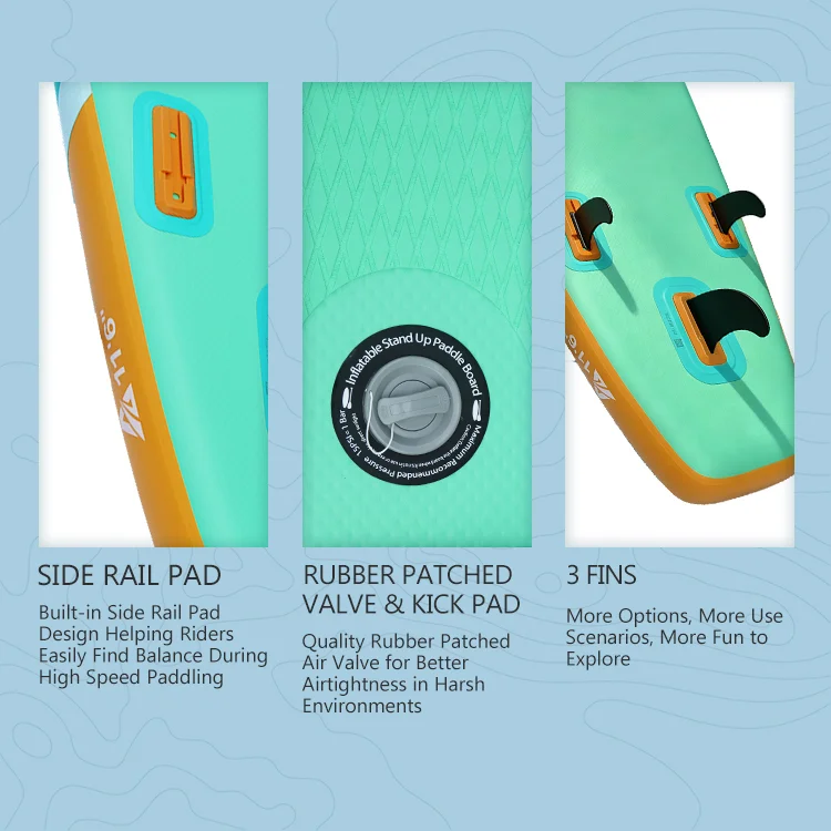 Detalii în prim-plan ale unei plăci gonflabile de stand-up paddle, cu pernă laterală pentru echilibru, supapă de aer cauciucată pentru etanșeitate și trei aripioare detașabile pentru versatilitate.