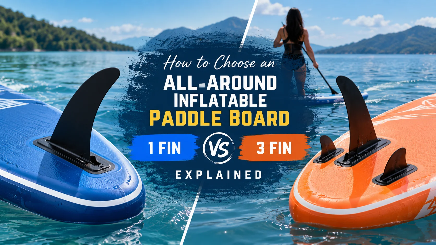 Blue paddle board with 1 fin and orange paddle board with 3 fins floating on a lake, woman paddleboarding in the background.