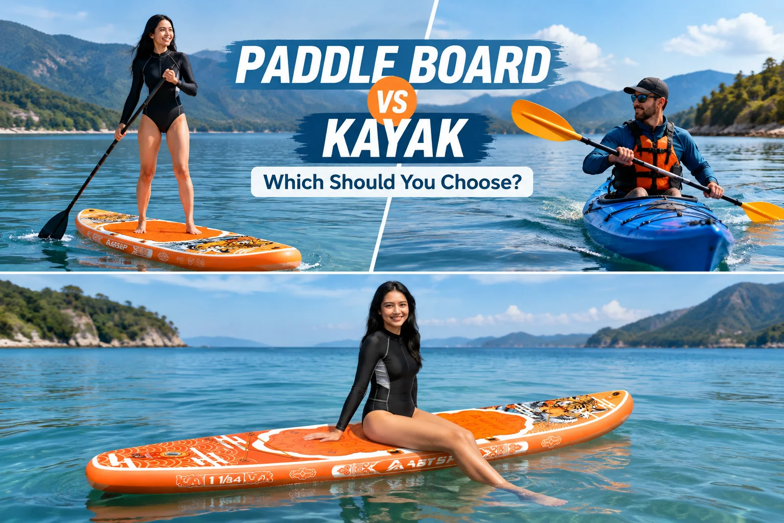 A young woman on a paddle board and a man kayaking on a scenic lake, with 'Paddle Board vs Kayak' text overlay.