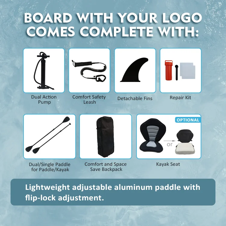 Un kit complet pentru placă de paddleboard, care include o pompă cu acțiune dublă, lesă de siguranță confortabilă, labe detașabile, kit de reparații, vâslă, rucsac și scaun opțional pentru caiac.