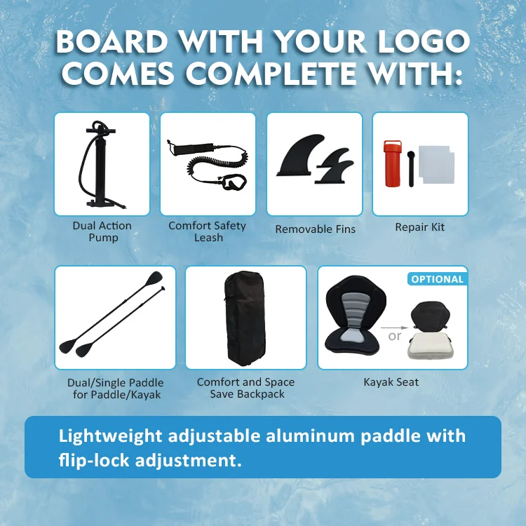 Paddleboard accessories set including pump, safety leash, fins, repair kit, paddle, backpack, and optional kayak seat on water background.