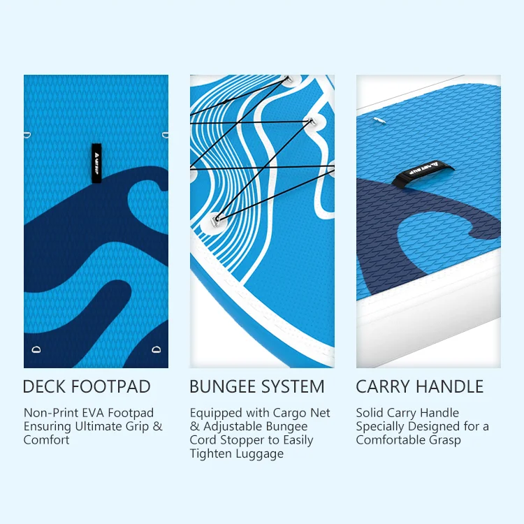 Close-up of paddleboard features including non-slip EVA deck pad, adjustable bungee cargo system, and ergonomic carry handle.