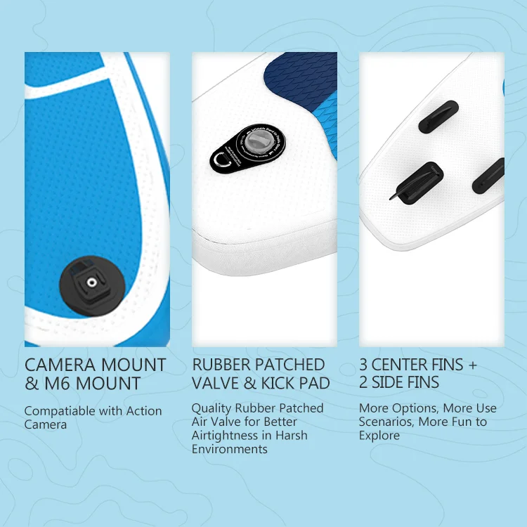 Close-up of paddleboard features including a camera mount, rubber-patched valve with kick pad, and three center fins with two side fins.