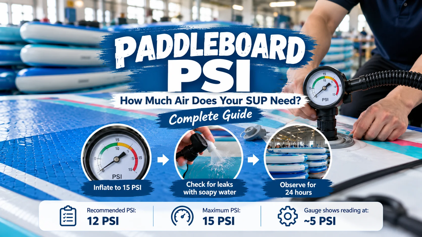 A paddleboard PSI guide showing steps for proper inflation, leak checking, and PSI recommendations. Features a gauge and instructions.