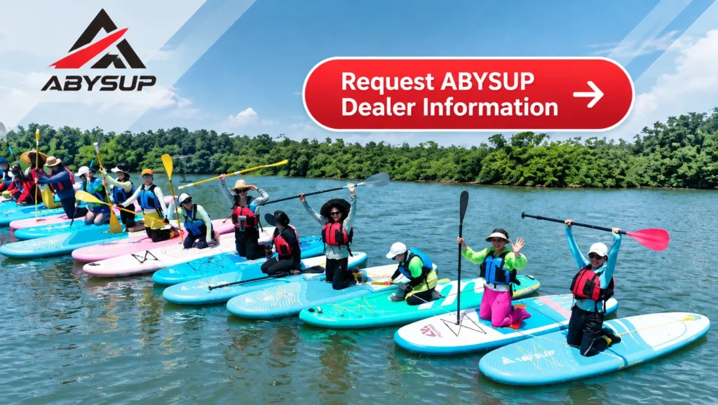 A group of people on paddleboards wearing life jackets holding paddles on a scenic river, promoting ABYSUP with a 'Request ABYSUP Dealer Information' banner.