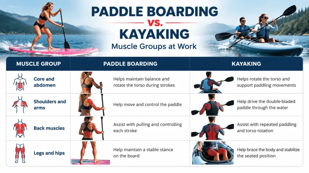 Infographic comparing muscle groups used in paddleboarding and kayaking, showing highlighted muscles and their functions.