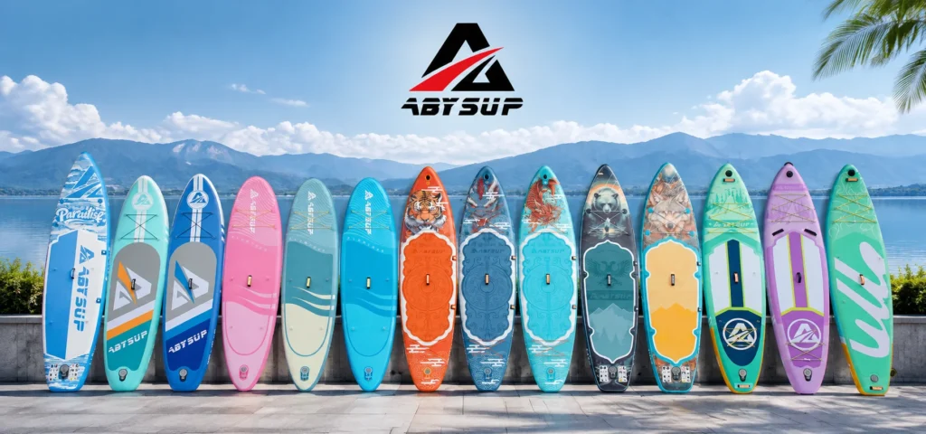 A lineup of colorful ABYSUP paddleboards displayed in front of a scenic lake with mountains and blue skies in the background.