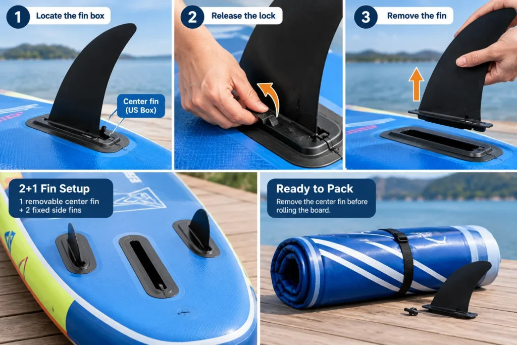 Visual guide showing how to remove the center fin from a stand-up paddleboard, including locating the fin box, releasing the lock, and detaching the fin, with the board rolled up for packaging.