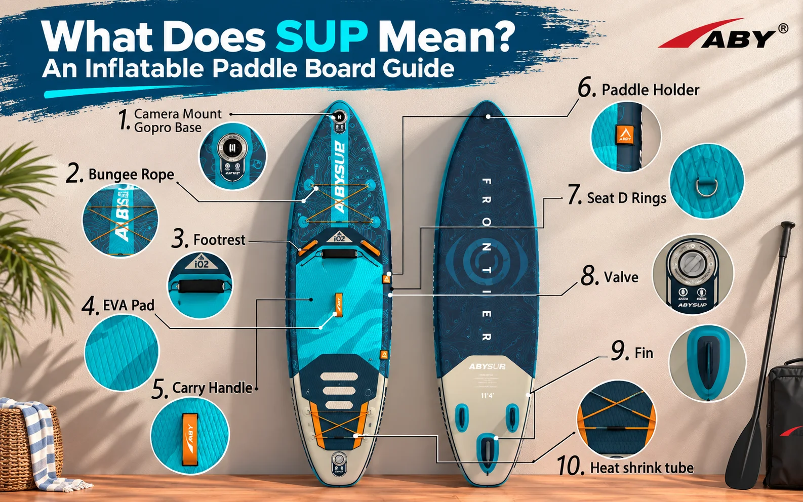 Infographic detailing features of an inflatable paddle board, including components like a camera mount, bungee rope, footrest, EVA pad, carry handle, paddle holder, seat D rings, valve, fin, and heat shrink tube.